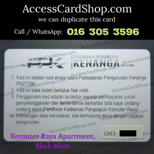 Duplicate Komuter Raya Apartment (JMB PPK Kenanga) Shah Alam Car Parking GM3 Access Card